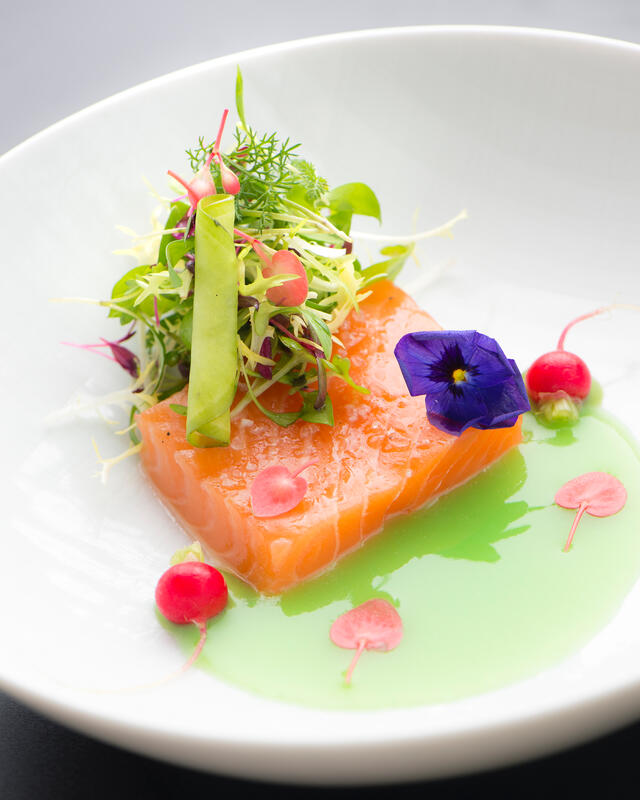 Pickled Artic char with apple-horseradish broth