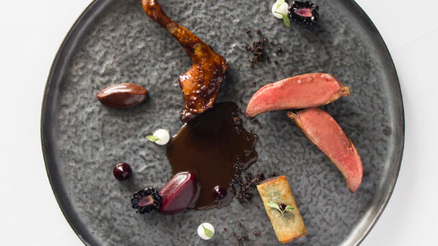 Pigeon, blackberry, soft bitter chocolate and pastilla