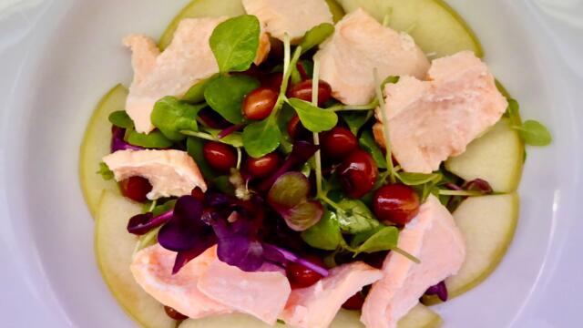 Salmon, beans and pickled apple salad
