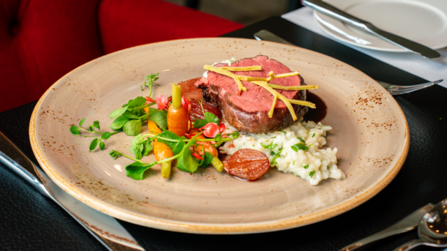Beef Fillet with Salad Pea Risotto and Vanilla Carrots