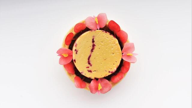 Foie gras pie with hibiscus, apple puree and Apple Blossom