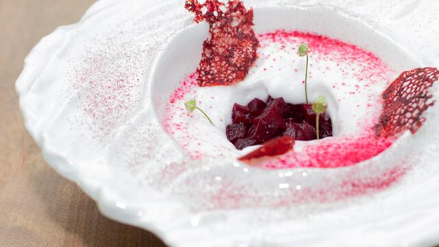 Baby beetroot, red hawthorn berries and coconut