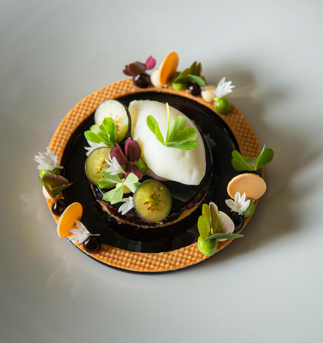 Chocolate, ginger ice cream & olive crunch, Limon Cress and Cardamom Leaves