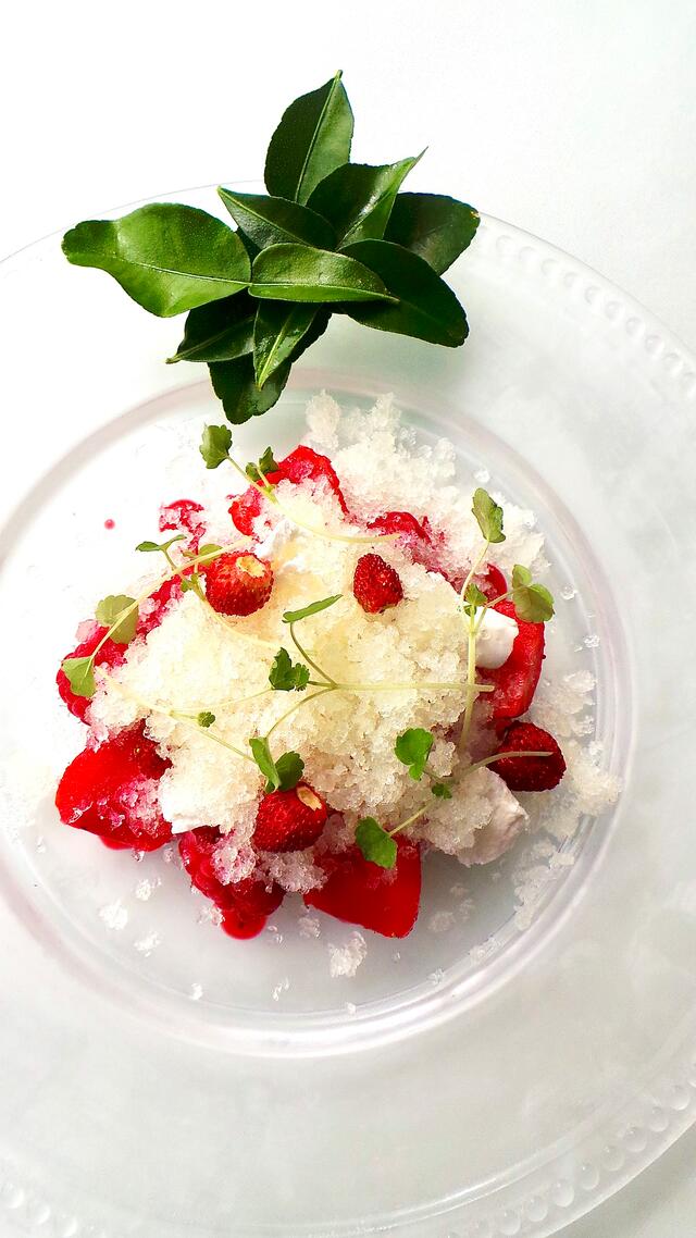 Summer berry, baked meringue, Kaffir Lime Leaves granite