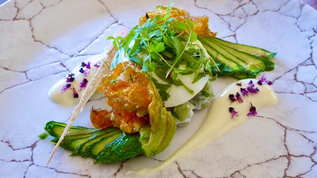 Fleur de courgette, œuf dur, sauce légère à la moutarde