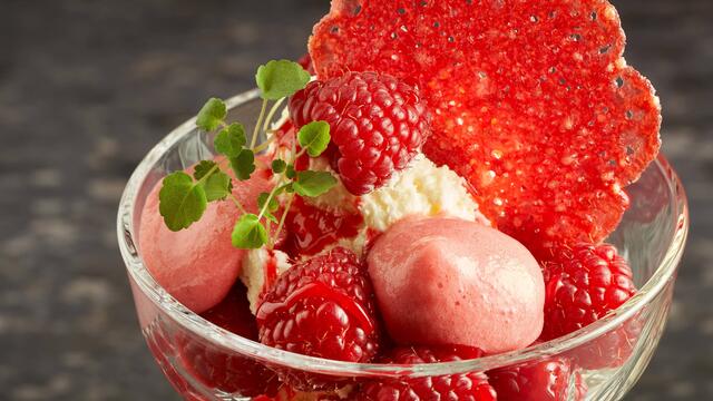 Vanille ijs met Fruit Espuma - raspberry en kletskop framboos