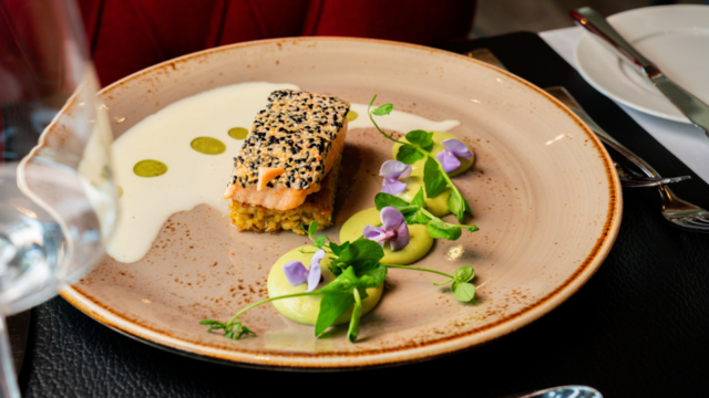 Bulgur Slices with Grilled Salmon on Sesame Crust with Salad Pea Espuma