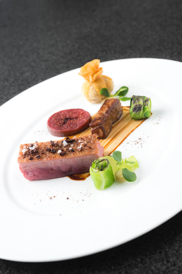 Duck, coffee, fig, Tahoon Cress