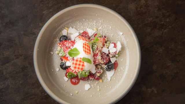 Red fruits, Citra Leaves, cottage cheese sorbet, strawberry juice