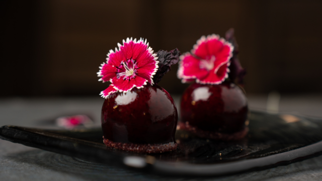 Blackberry, Yka Leaves, Fivola Blossom and White Chocolate Cheesecake