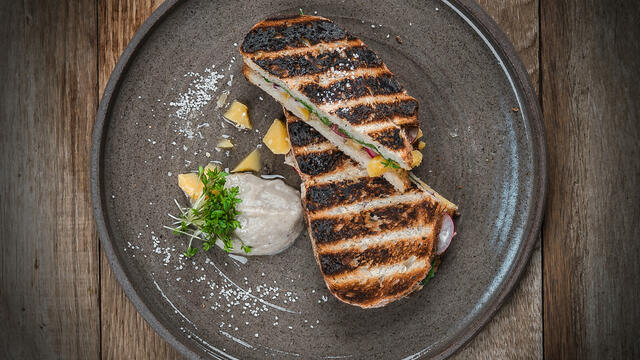 BBQ croque radish with mushroom légumaise with truffle and Garden Cress