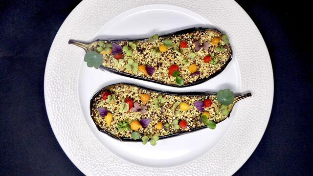 Baked aubergine and puffed quinoa