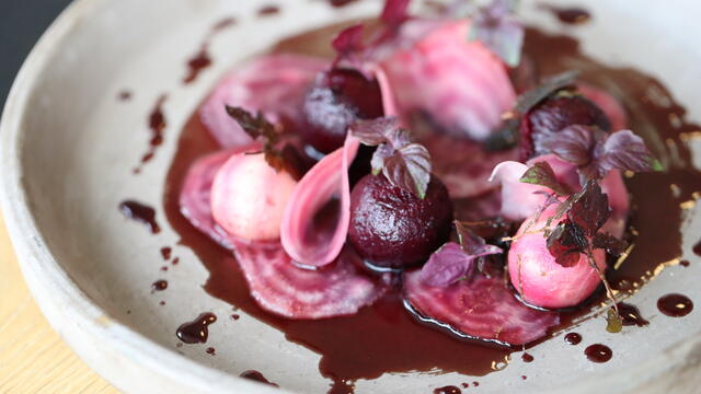 Fried Shiso Purple, pickled beetroot and red wine syrup dressing