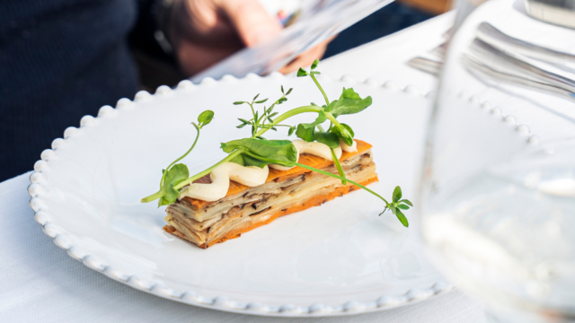Mille-feuille of root vegetables and Salad Pea