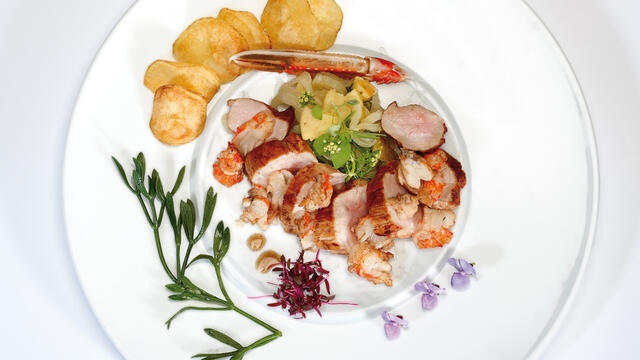 Surf and turf from lamb and saltwater langoustine