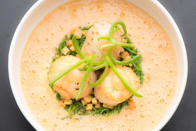 Baked scallops with Salicornia Cress and lobster foam