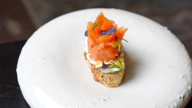 Smoked Trout Rose – Whipped Cream Infused with Melissa Cress – Toasted Bread – Paztizz Top & Sakura Cress