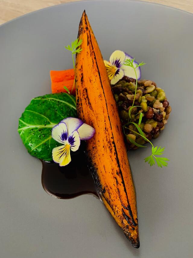 6 uur geroosterde zoete aardappel met Cornabria Blossom en Persinette Cress