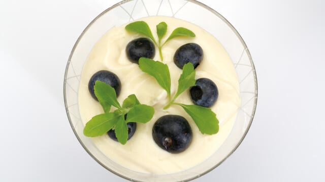 Trifle with blueberries, avocado mascarpone cream and chocolate cake