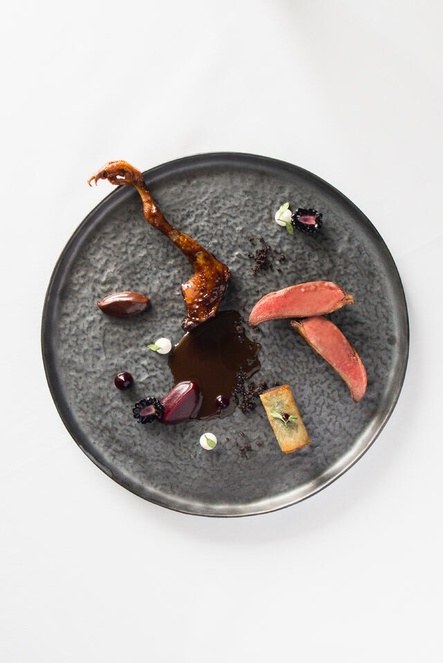 Pigeon, blackberry, soft bitter chocolate and pastilla