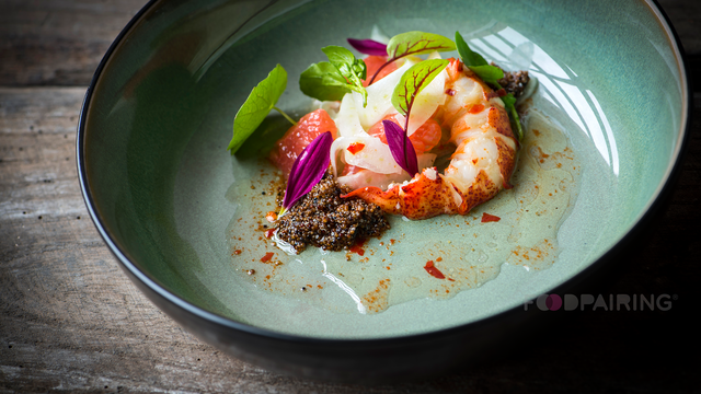 Kreeft salade met gekruide roze grapefruit, peper, venkel en quinoa