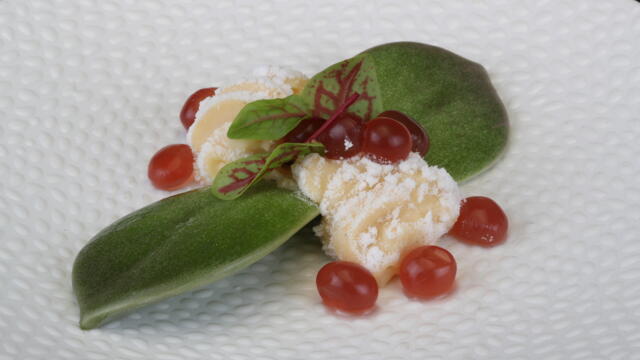 Majii Leaves with electric gin and Crème de Cassis Pearls