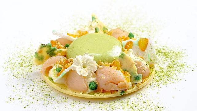 Matcha and yuzu mousse with lychee and jasmine