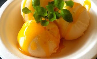 Passion Fruit Ice Cream with Yellow Bell Pepper Sauce and Chili