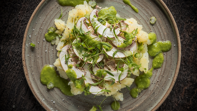 Fork-crushed potato, carpaccio of chestnut mushroom with Motti Cress and celery sauce