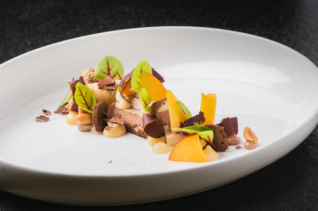 Nectarine, chocolate and yuzu