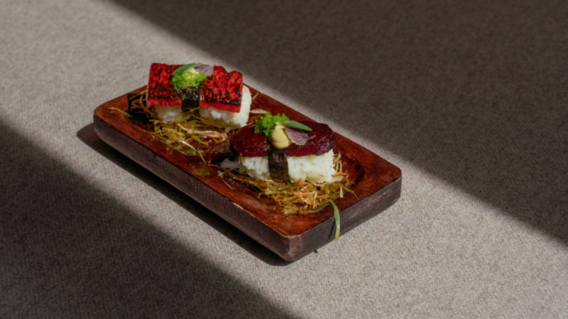 Vegan Nigiri with Adji, Daikon, Dry-Aged Beetroot and Pickled Watermelon