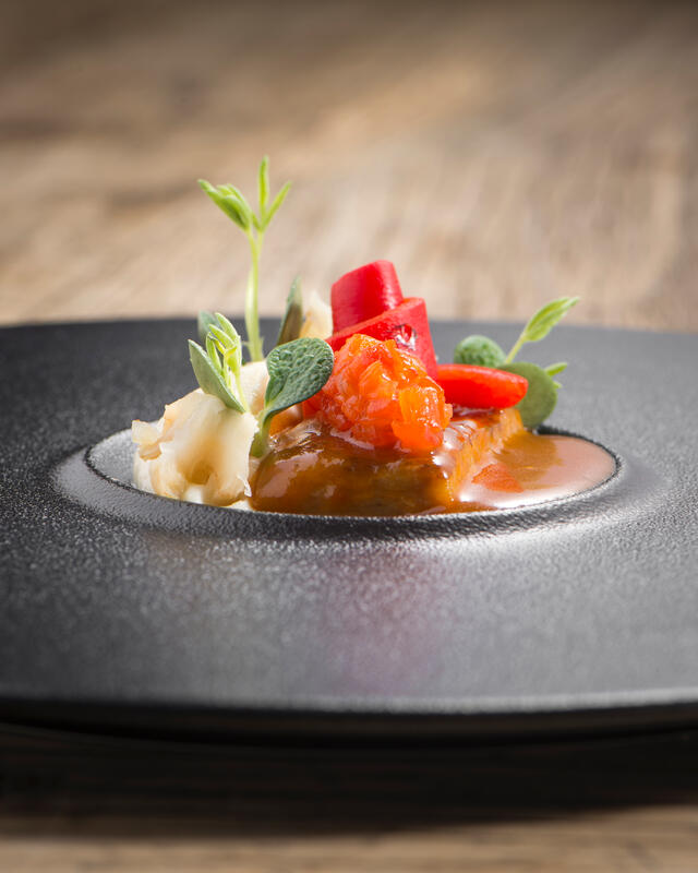 Pig chin, Cardamom Leaves, bell pepper and celeriac