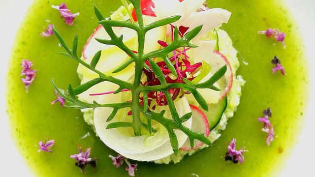 Borage pesto, daikon consommé and peeled vegetables