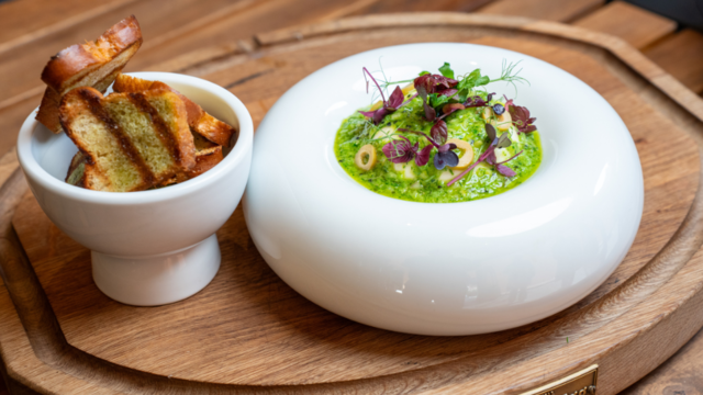Smoked burrata with salsa verde and grilled brioche
