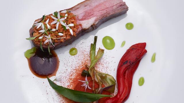 Cordero Sisteron, cebolla roja, sobrasada, salsa con pimienta urdu, Ghoa Cress