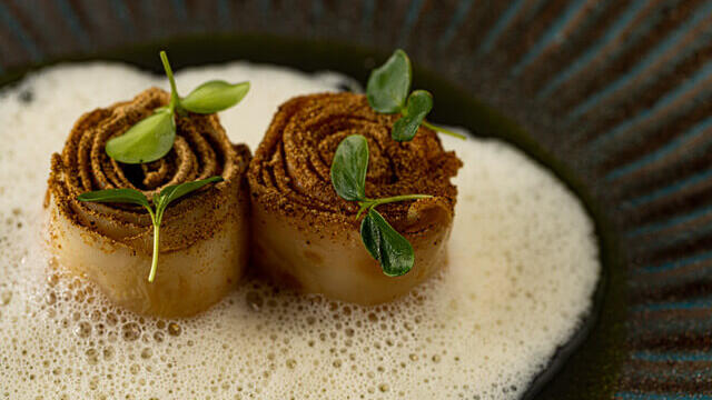 Baked Celeriac with dry celeriac, Tahoon Cress, and dry mushroom foam