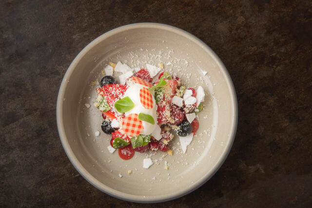 Red fruits, Citra Leaves, cottage cheese sorbet, strawberry juice