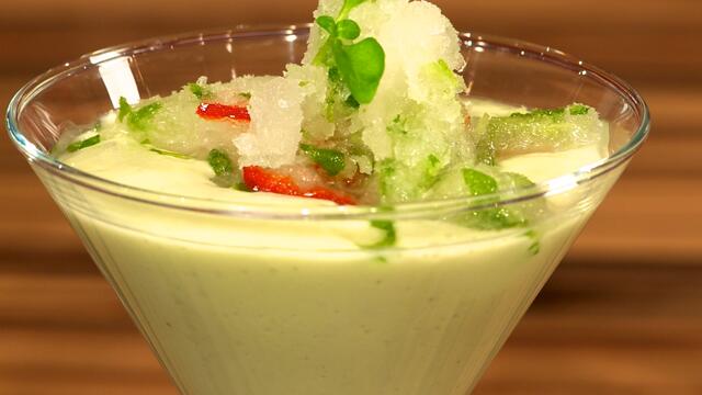Avocado shake with red chilli Sechuan Cress granité