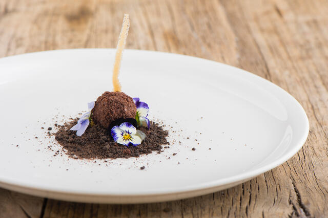 Cornabria Blossom, Atsina Cress and praline with cocoa sand