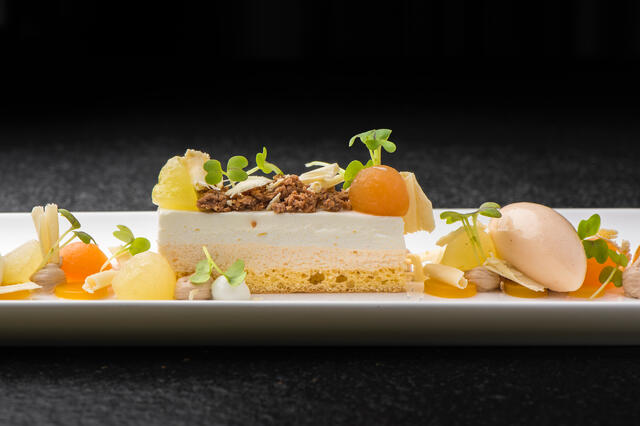 Meloen, nougat, kwark en Mustard Cress