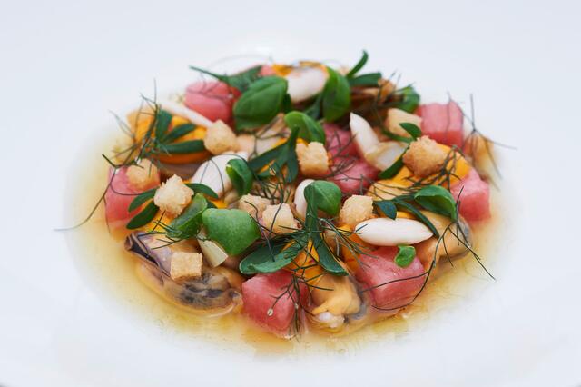 Bouchot mussel in escabeche almond, Sea Fennel, Basil Cress