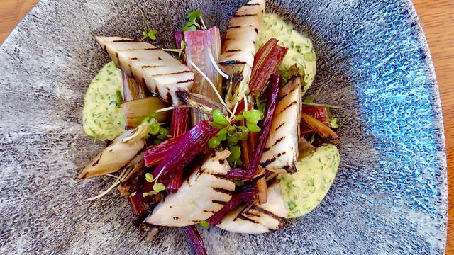 Poached chargrilled turnip and red chard confit